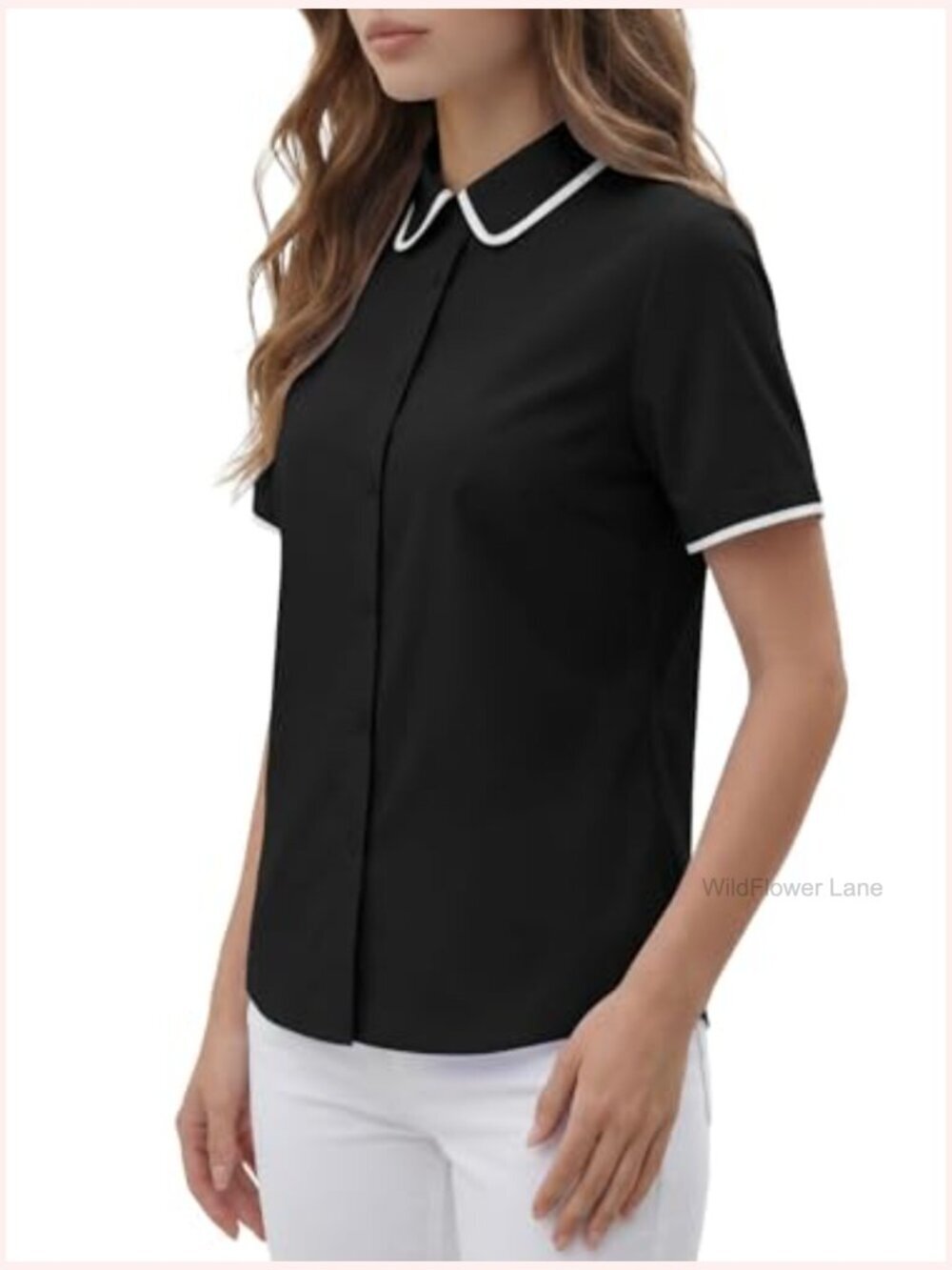 Collared Button Down Short Sleeve Blouse Top Shirt - Picture 4 of 6